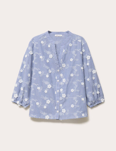 Blouse brod&eacute;e col mao manches 3/4 blanc femme