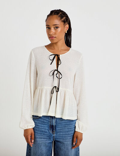 Blouse noeuds contrast&eacute;s ecru femme