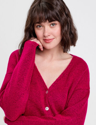 Gilet boutonné avec col en V rose fushia femme
