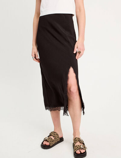 Jupe midi droite fendue noir femme