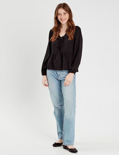 Blouse col en V noeuds noir femme
