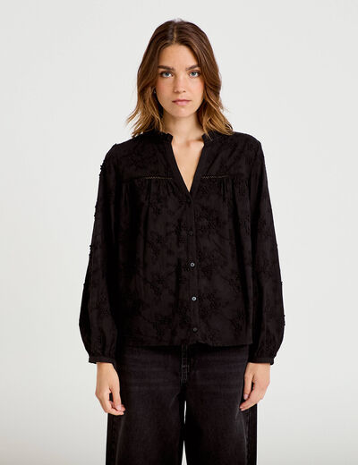 Blouse droite col rond manches longues noir femme