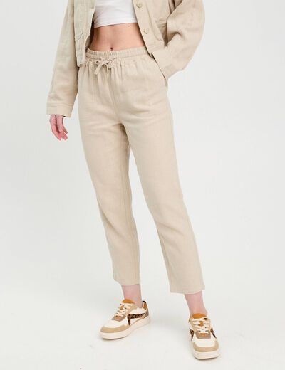 Pantalon carotte contenant du lin beige femme