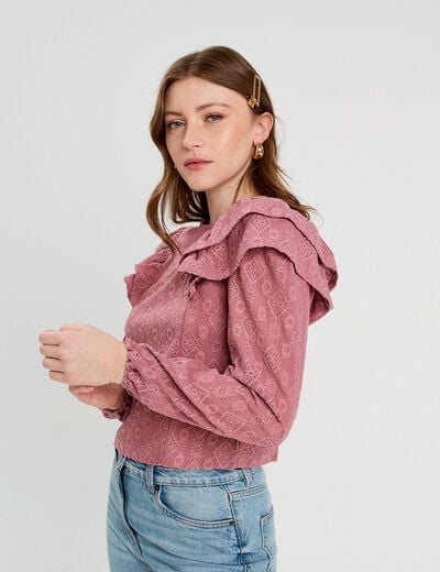 Blouse brodée avec volants vieux rose femme