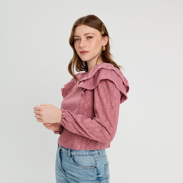 Blouse brodée avec volants vieux rose femme