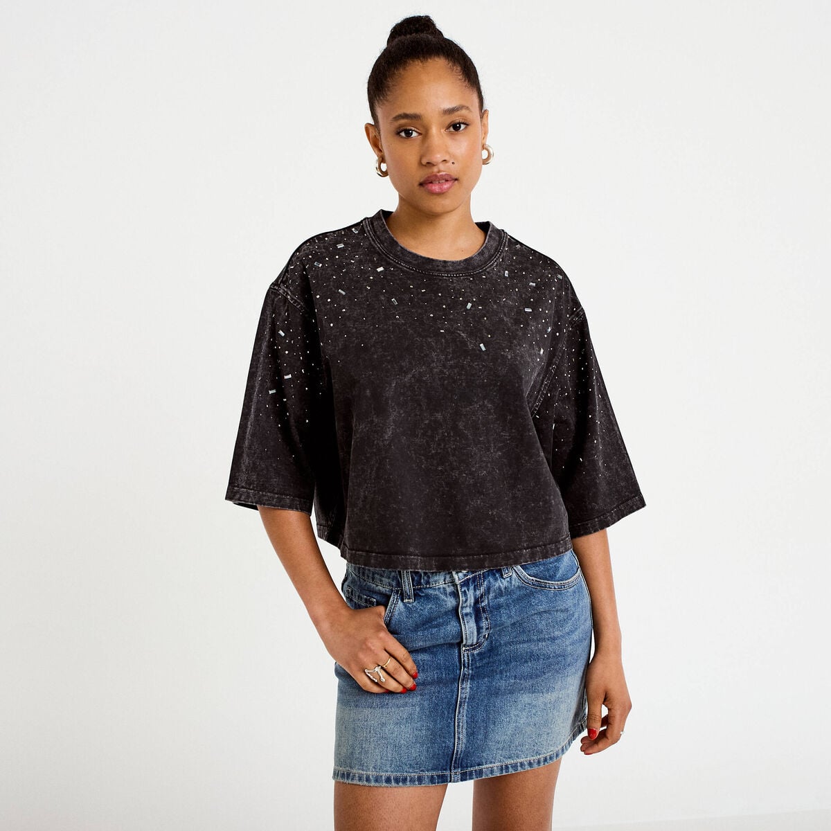 T-shirt oversize court manches longues noir femme