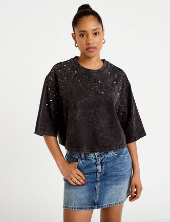 T-shirt oversize court manches longues noir femme