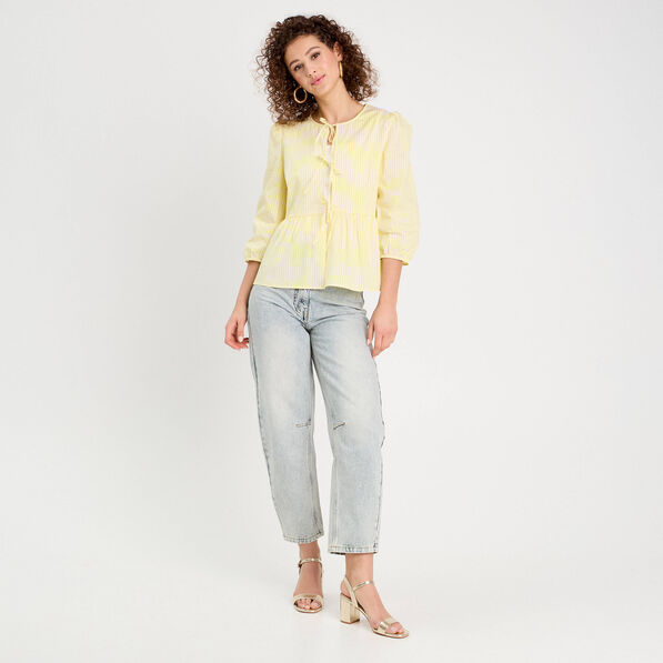 blouse manches 34 nouee jaune moutarde femme Blouse manches 3/4 nouée jaune moutarde femme