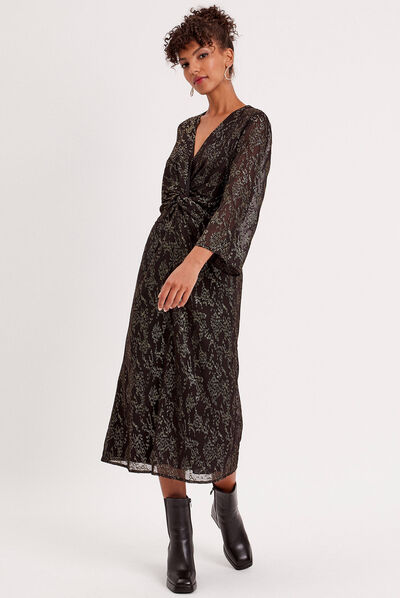 Robe longue droite effet noué noir femme