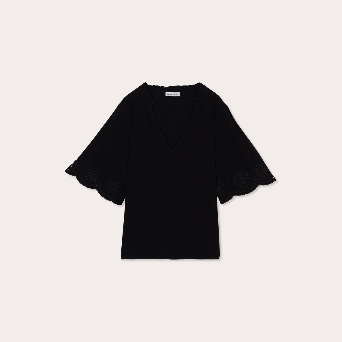 Blouse manches courtes brodée noir femme