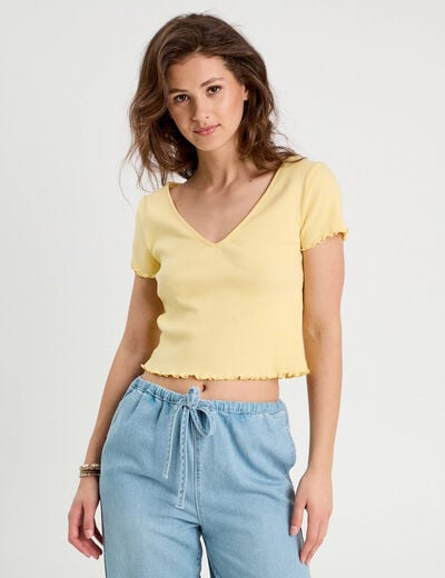 T-shirt côtelé manches courtes jaune clair femme