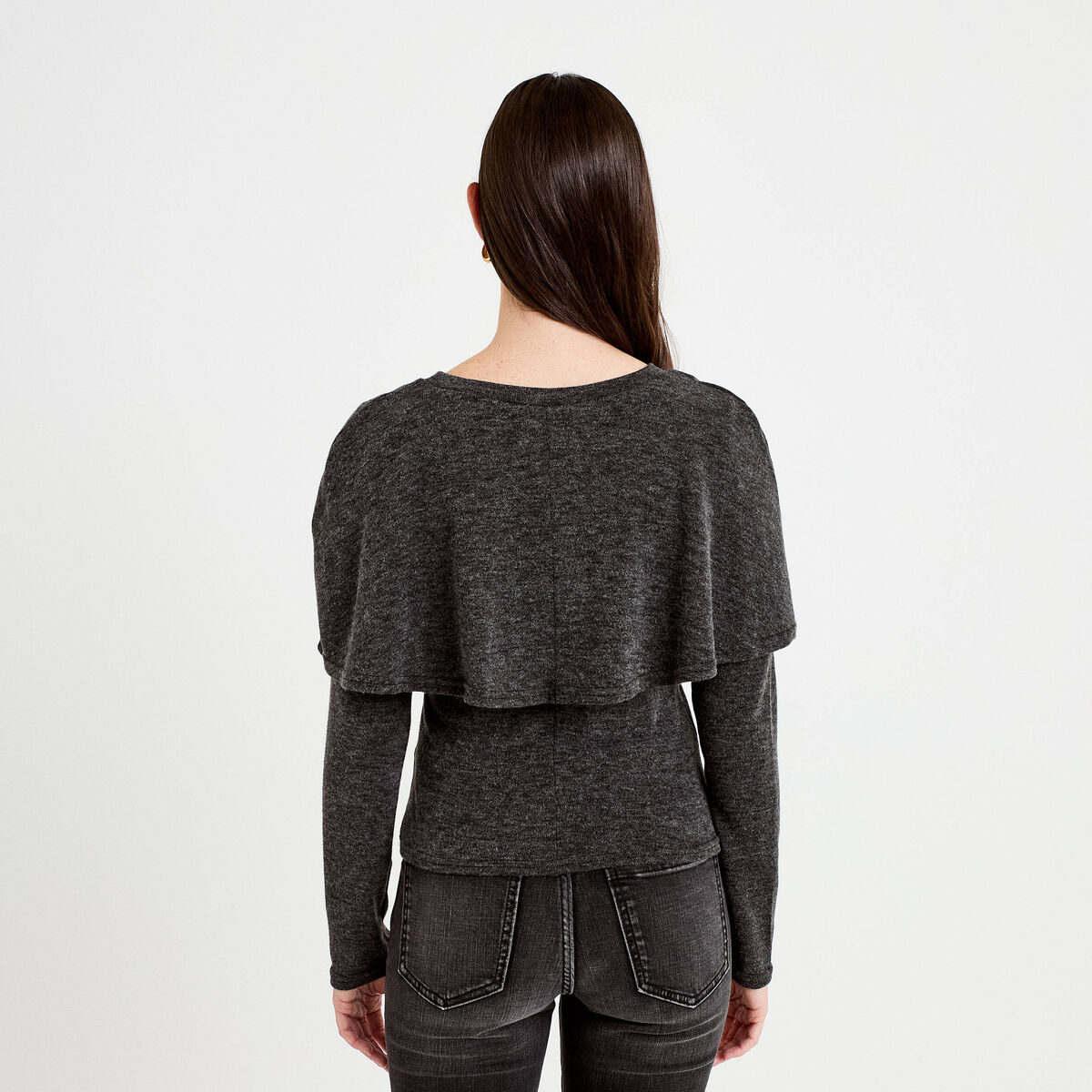 Pull cape col rond manches longues gris fonc&eacute; femme