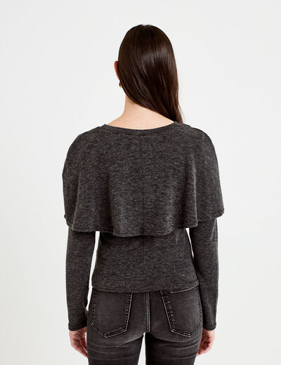 Pull cape col rond manches longues gris fonc&eacute; femme