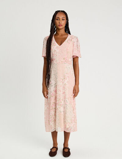 Robe midi évasée col en V rose pastel femme