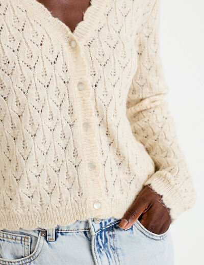 Gilet ajour&eacute; col v manches longues ecru femme