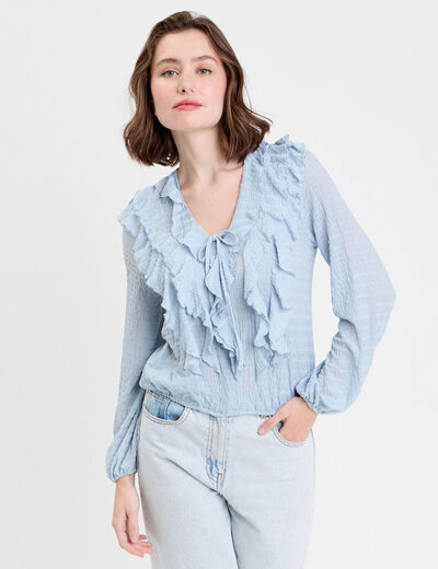 Blouse manches longues aspect dentelle bleu clair femme