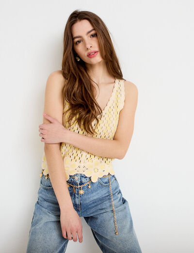 D&eacute;bardeur col v aspect dentelle jaune clair femme