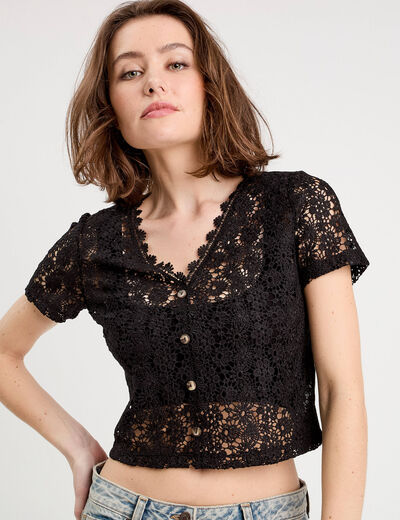 Gilet macramé boutonné noir femme