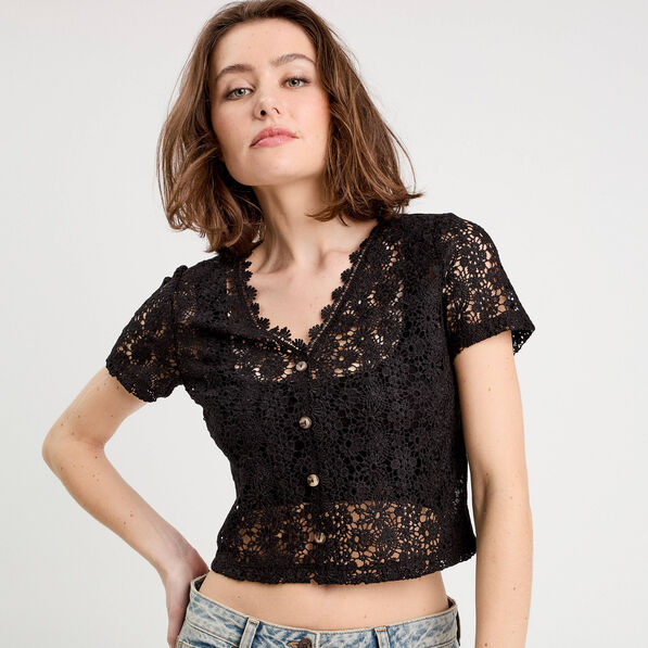 Gilet macramé boutonné noir femme