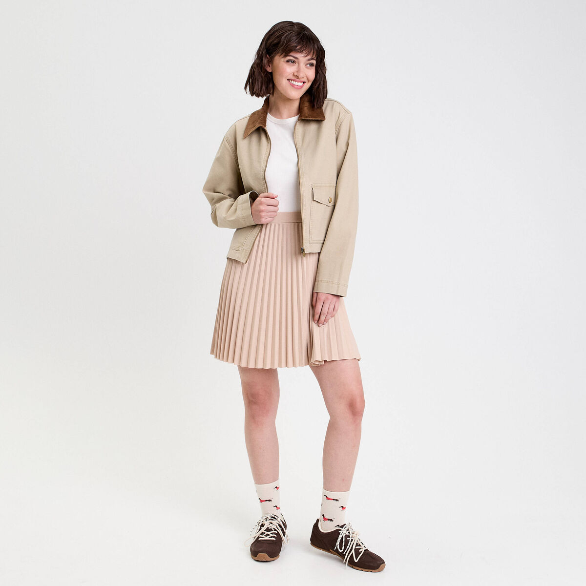 Robe droite pliss&eacute;e sable femme