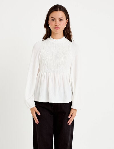 Blouse p&eacute;plum manches longues pliss&eacute;e ecru femme