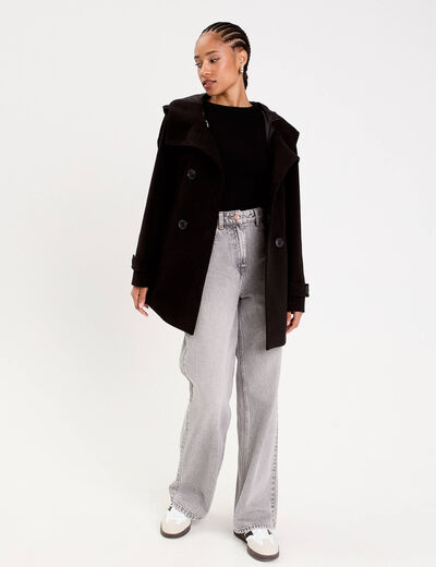Manteau ajust&eacute; 3/4 &agrave; capuche noir femme