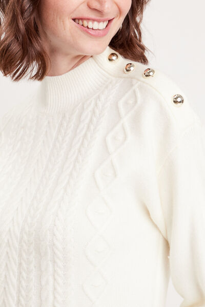 Pull col montant avec torsades ecru femme