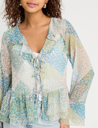 Blouse nouée manches longues bleu pastel femme