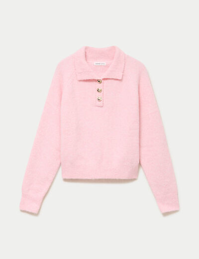 Polo manches longues col chemise rose clair femme