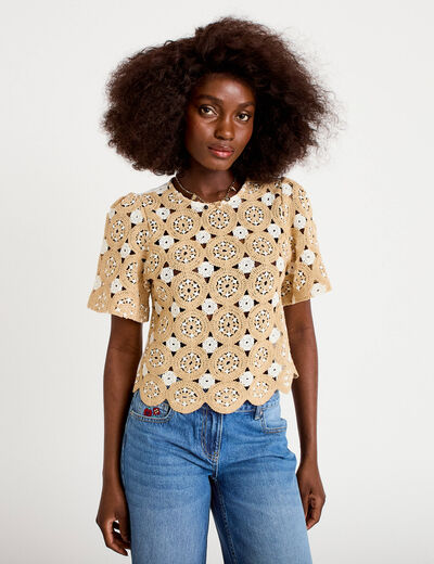 T-shirt manches courtes aspect dentelle sable femme