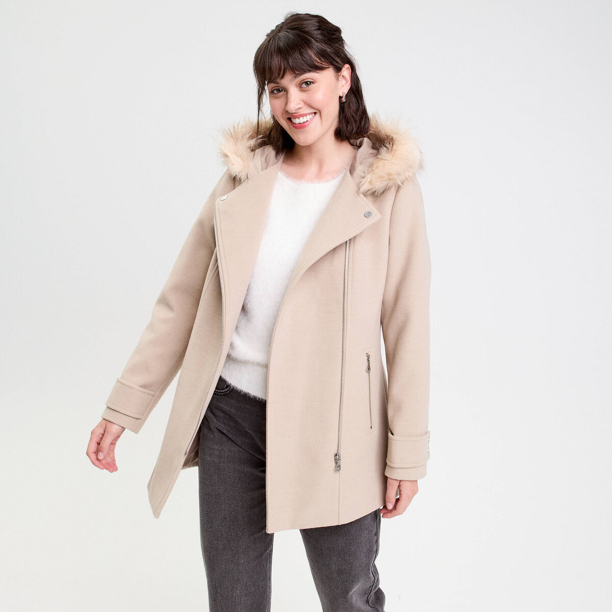 Manteau droit avec capuche beige femme