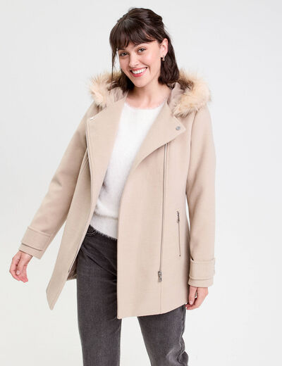 Manteau droit avec capuche beige femme