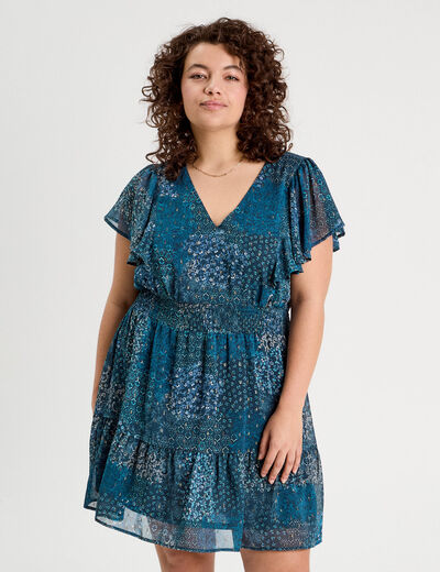 Robe évasée taille smockée bleu foncé femme