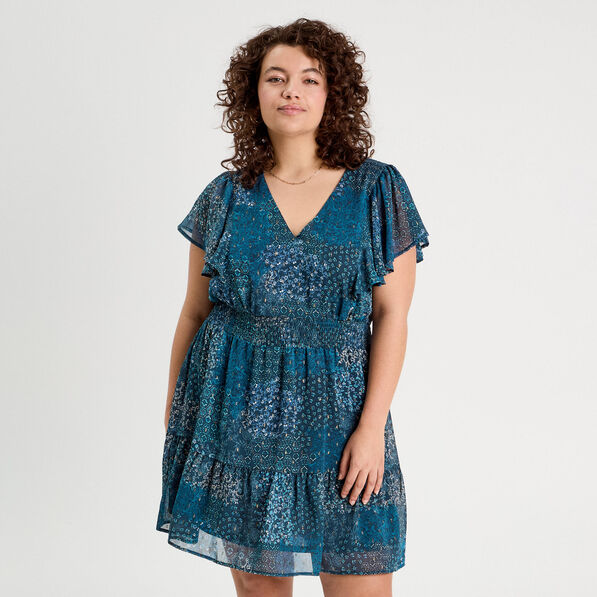 Robe évasée taille smockée bleu foncé femme