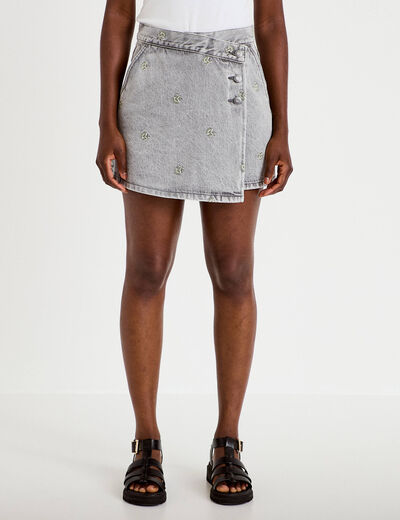 Jupe-short trap&egrave;ze courte taille haute denim gris femme