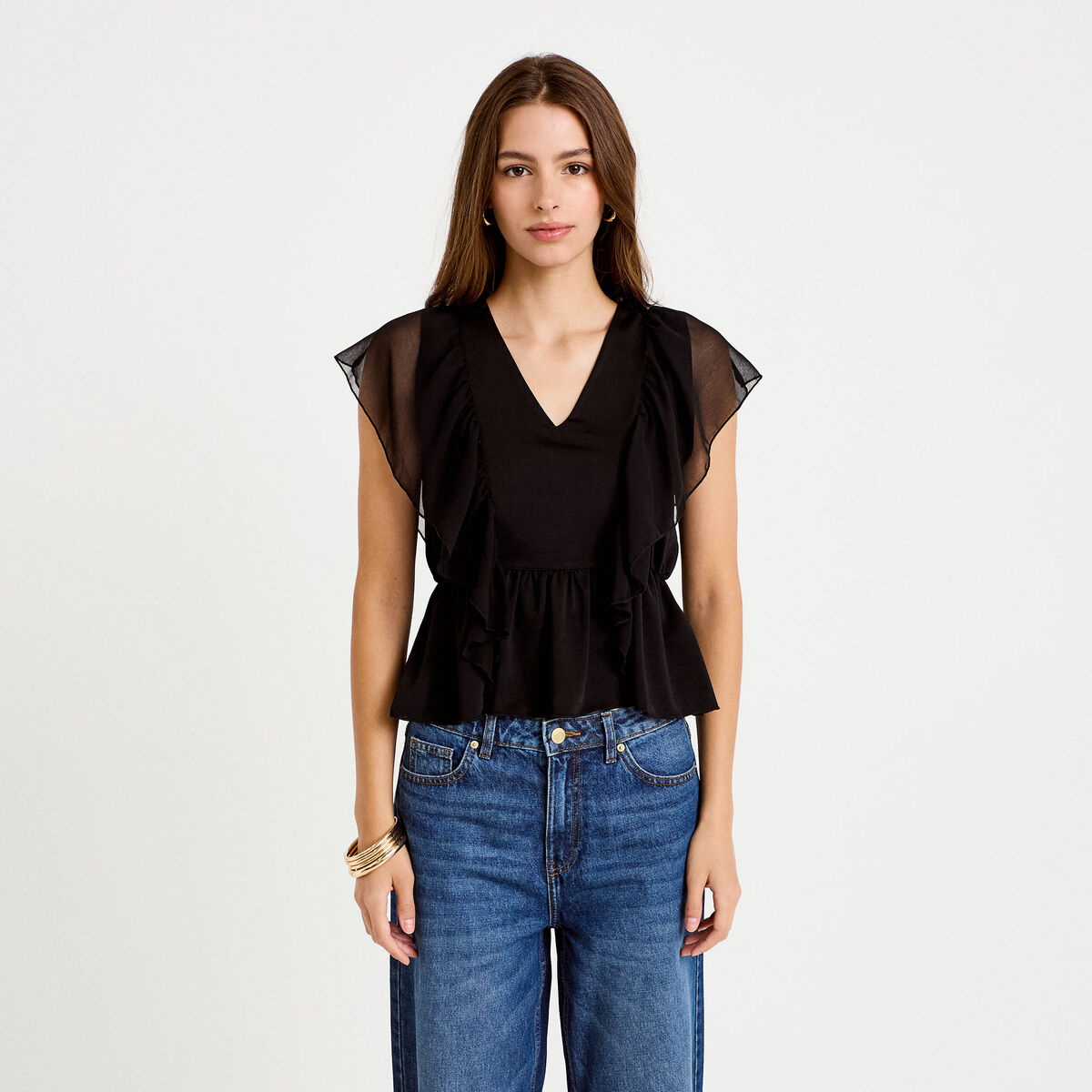 Blouse d&eacute;collet&eacute; voile manches courtes noir femme