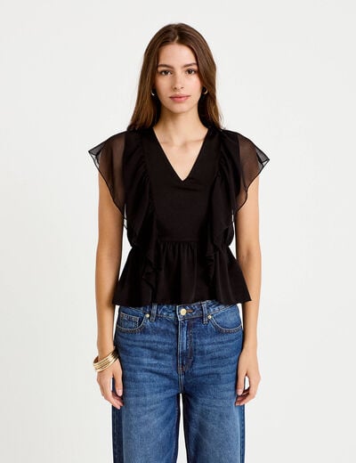 Blouse d&eacute;collet&eacute; voile manches courtes noir femme
