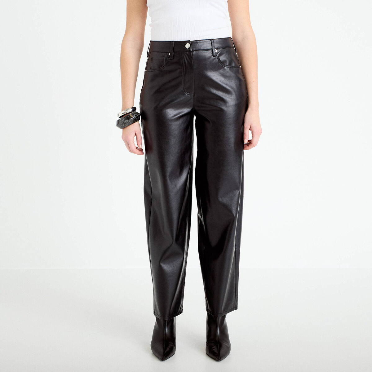 Pantalon barrel taille haute similicuir noir femme