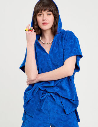 Poncho de plage capuche bleu electrique femme