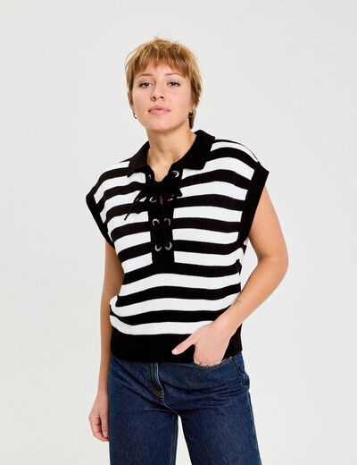 Pull sans manches col chemise noir femme