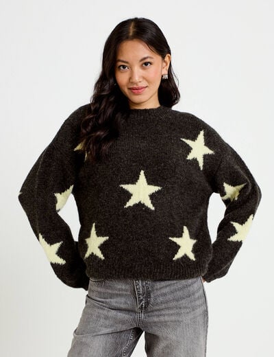 Pull oversize col rond manches longues gris fonc&eacute; femme