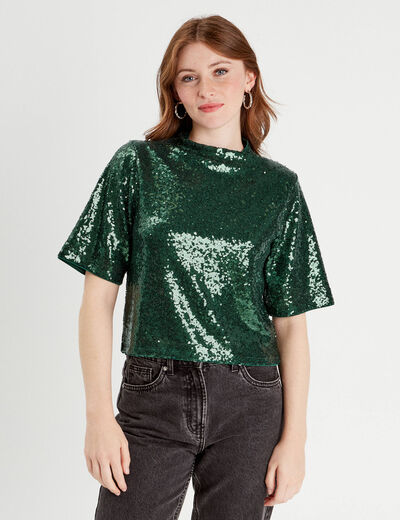 T-shirt sequins col montant vert foncé femme