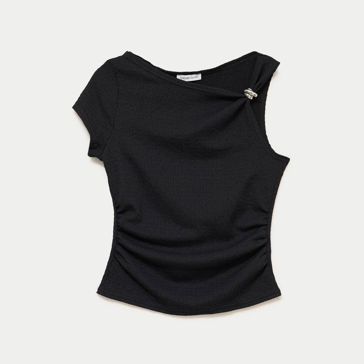 Top asym&eacute;trique d&eacute;tail bijou noir femme