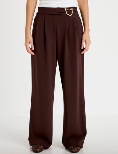 Pantalon large avec ceinture &agrave; bijou marron fonc&eacute; femme