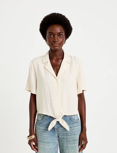 Chemise droite pliss&eacute;e manches courtes ecru femme