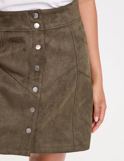Jupe trap&egrave;ze courte aspect daim vert kaki femme