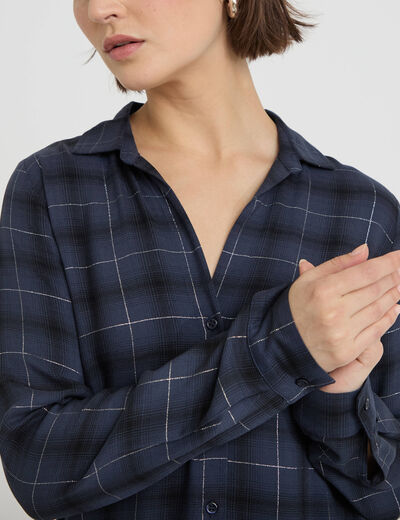 Chemise &agrave; carreaux fils m&eacute;tallis&eacute;s bleu fonc&eacute; femme