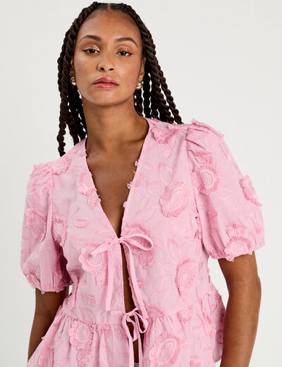 Blouse manches courtes noeuds rose poudrée femme
