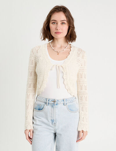 Gilet ajouré noué ecru femme