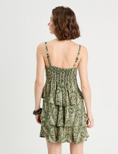 Robe évasée volants vert kaki femme